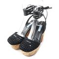 PRADA Sandals 1XZ753 Fabric, Leather black Ruffia Sandals/Wedge Sandals Triangle Logo Lace-Up Crochet 36