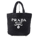 PRADA Tote Bag 1BG422 Raffia Black White small crochet