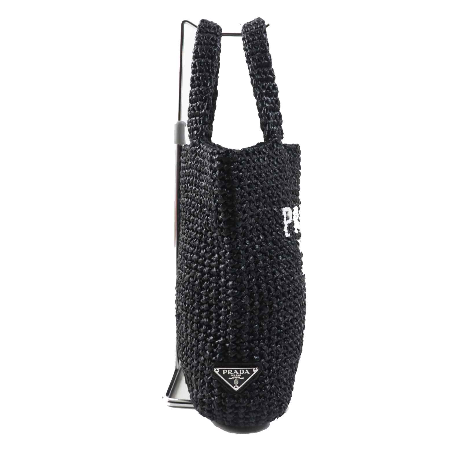 PRADA Tote Bag 1BG422 Raffia Black White small crochet