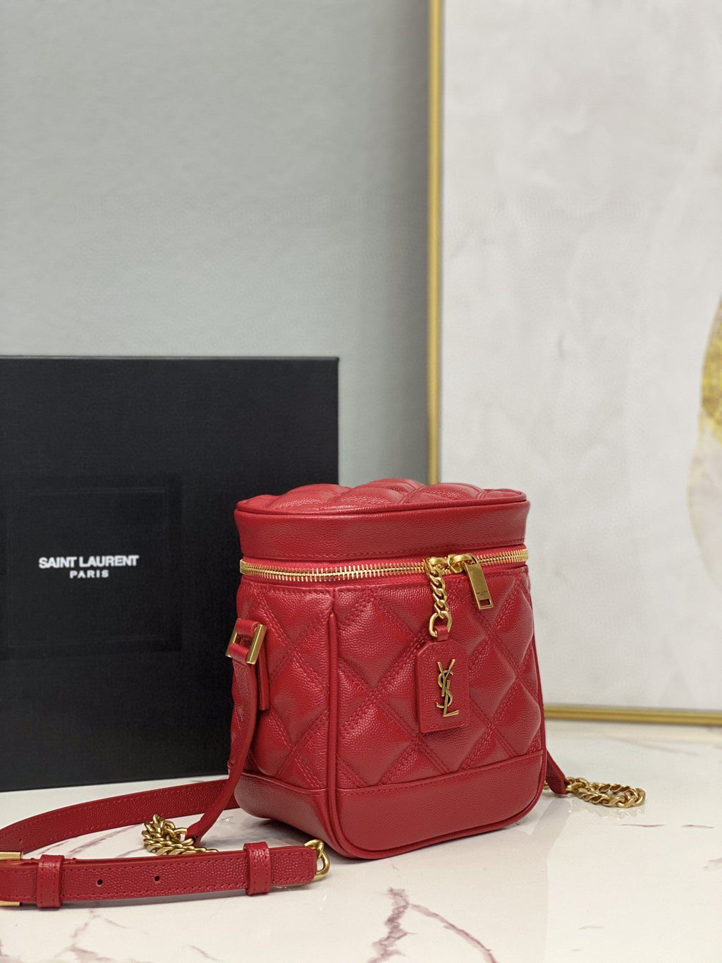 YSSL 80’s Vanity Bag In Carré-Quilted Grain De Poudre Red For Women 6.4in/16.5cm YSL 649779DME276805