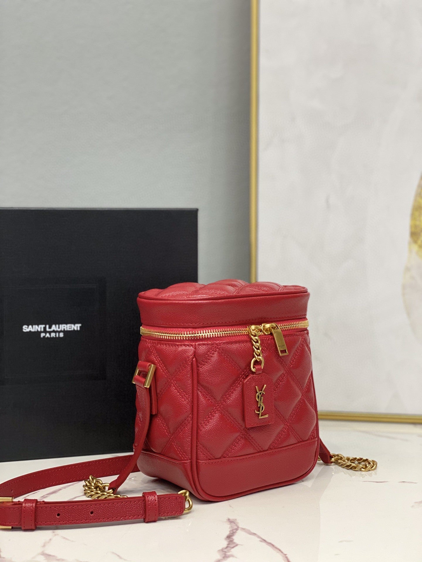 YSSL 80’s Vanity Bag In Carré-Quilted Grain De Poudre Red For Women 6.4in/16.5cm YSL 649779DME276805