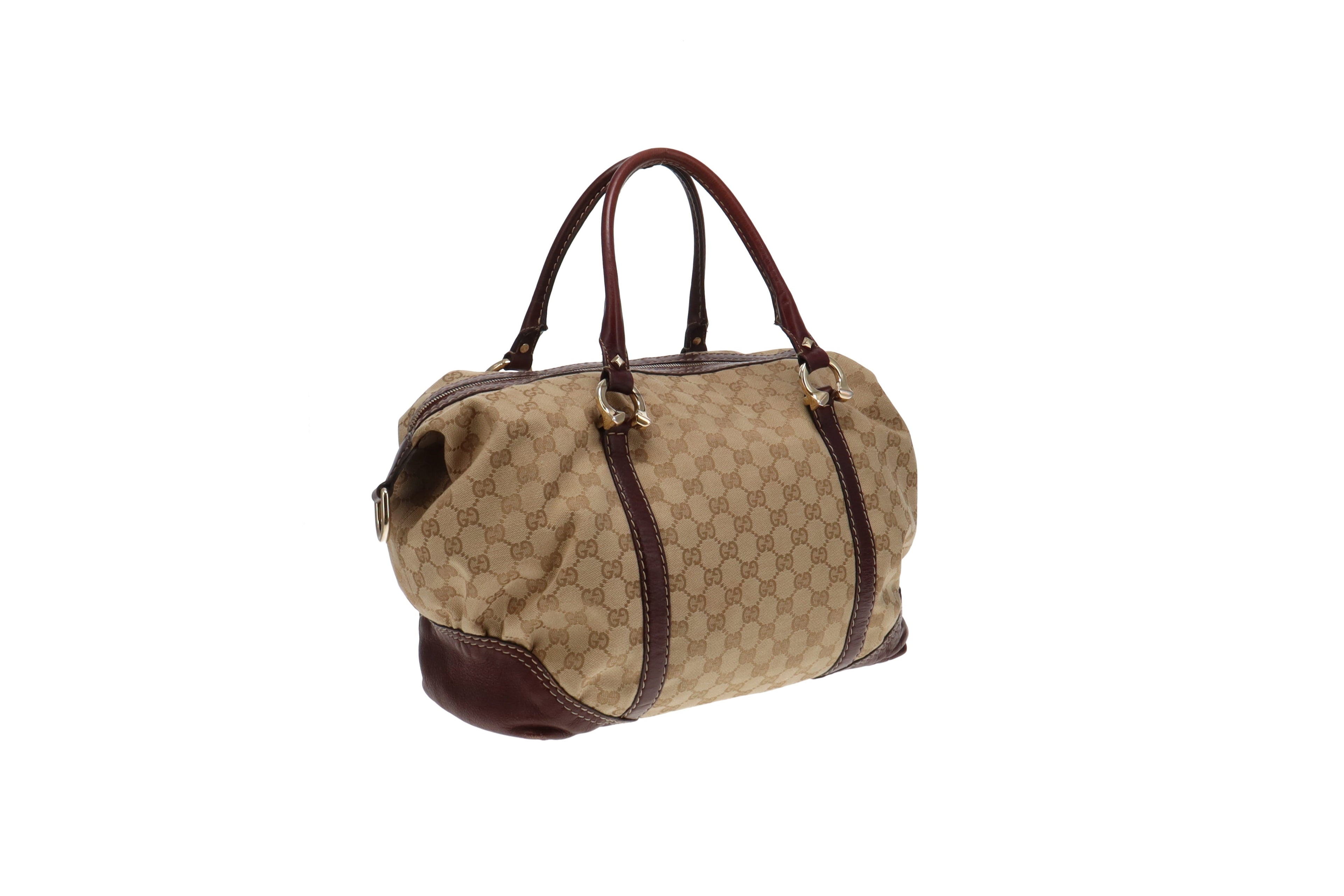 Gucci GG Canvas and Burgundy Leather Horsebit Nail Boston Bag