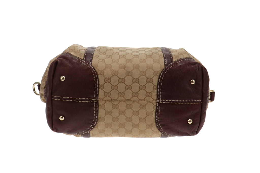 Gucci GG Canvas and Burgundy Leather Horsebit Nail Boston Bag