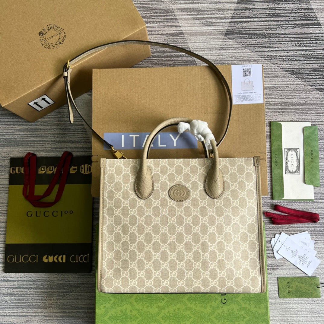 gg Small Tote Bag With Interlocking G Beige For Women, Women’s Bags 12.2in/31cm gg ‎659983 UULBT 9683