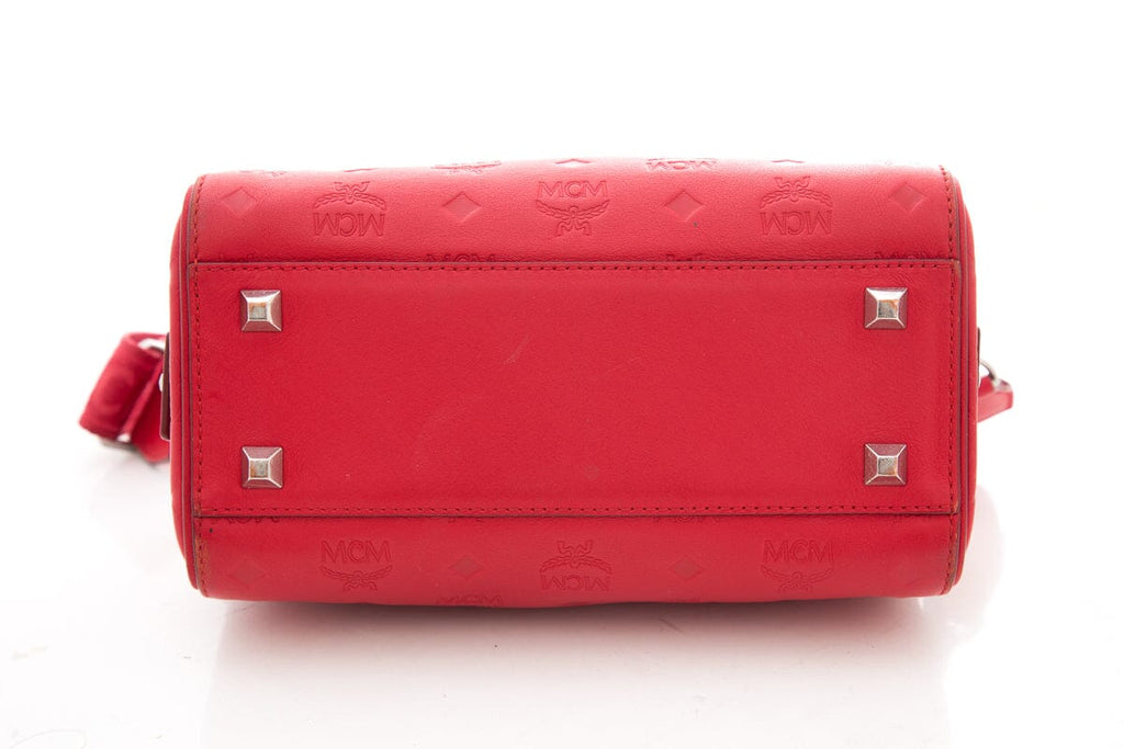 MCM Red Monogram Leather Boston Handbag