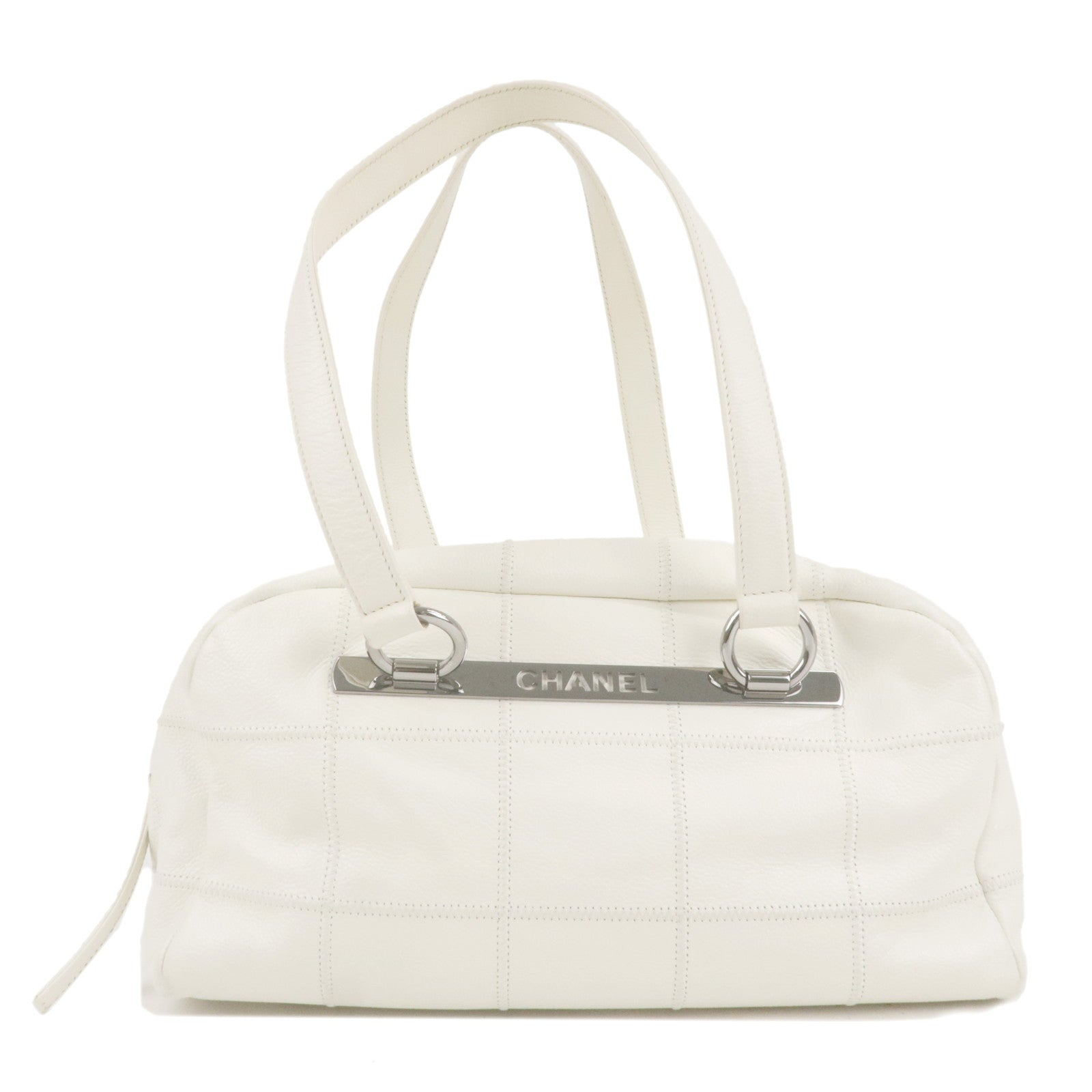 CHANEL Chocolate Bar Caviar Skin Mini Boston Bag White A26135