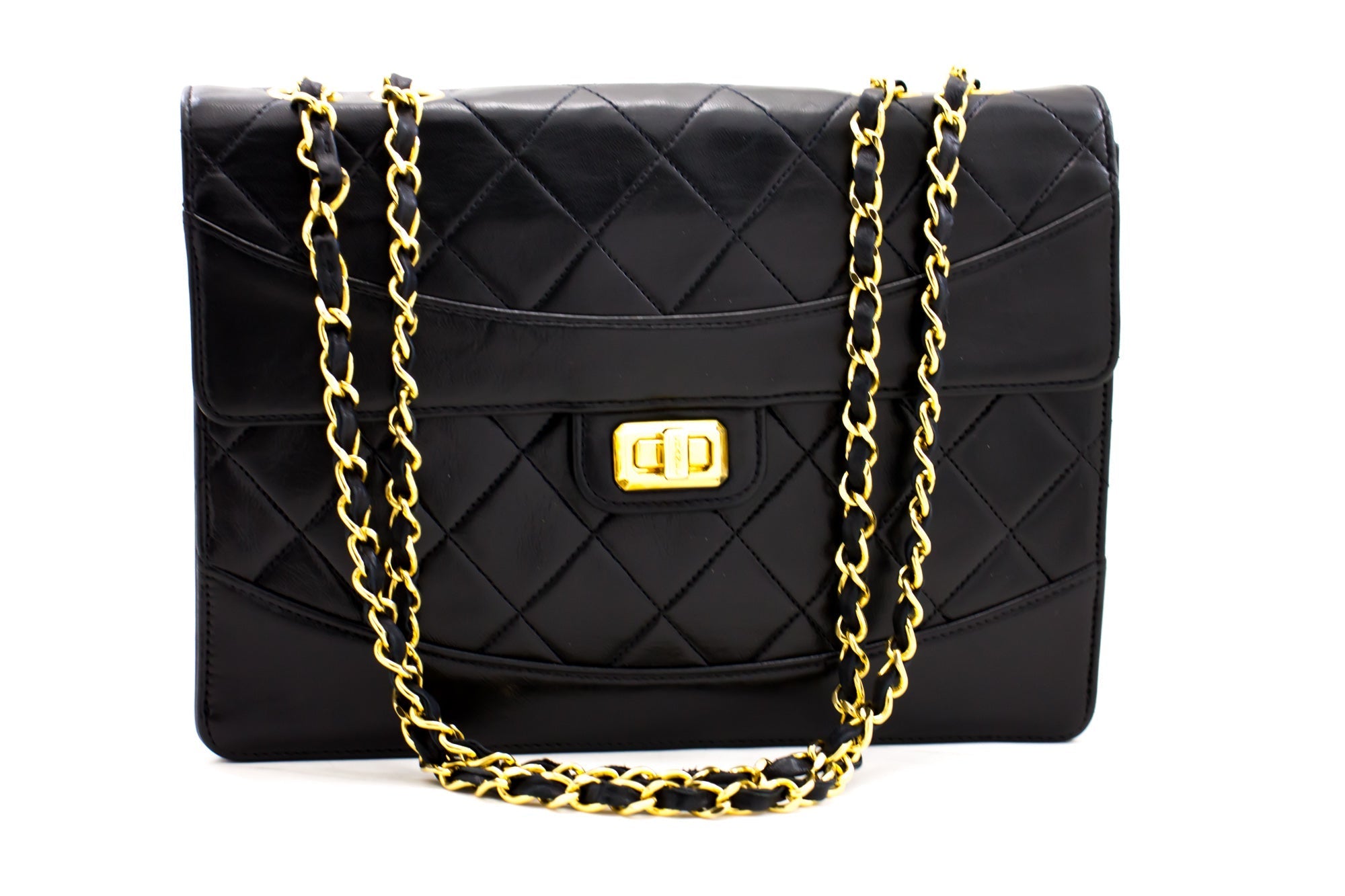 CHANEL Vintage Classic Chain Shoulder Bag Black Quilted Flap Lamb c20