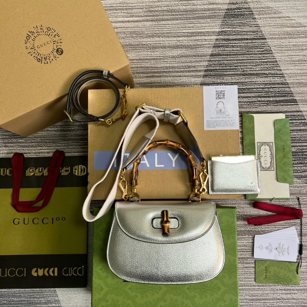 gg Bamboo 1947 Medium Top Handle Bag Silver For Women, Women’s Bags 10.2in/26cm gg