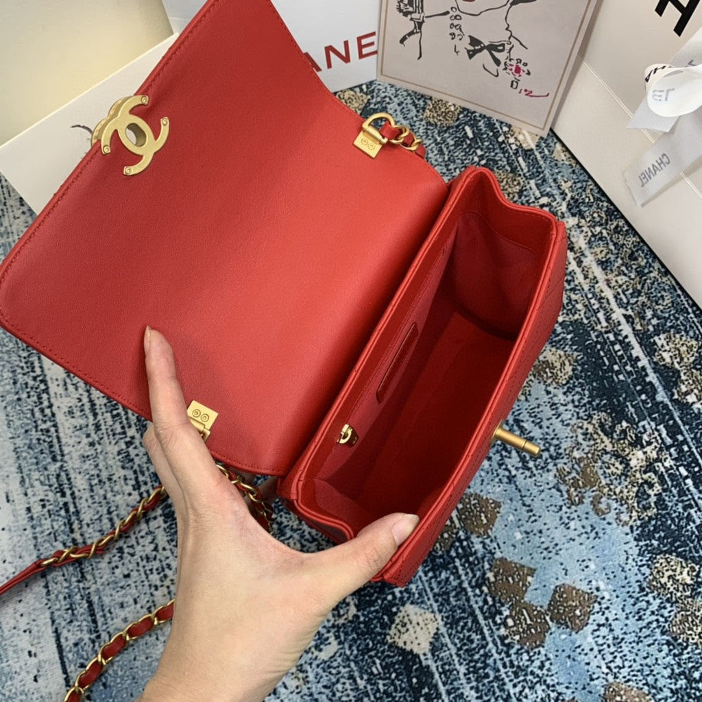 CHLSmall Flap Bag With Top Handle Gold Hardware Red For Women, Women’s Handbags, Shoulder Bags 7.9in/20cm AS2059
