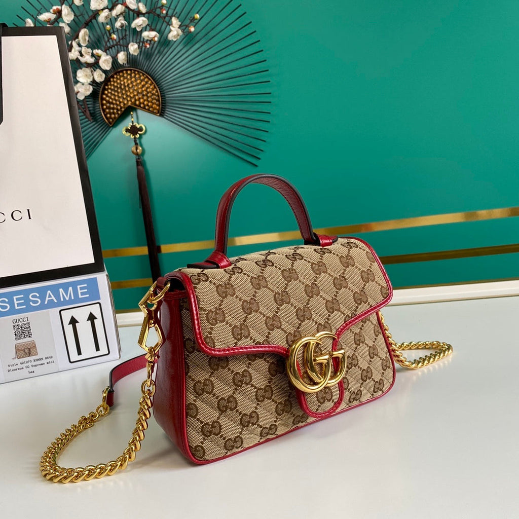 gg Ladies gg Canvas Marmont Mini Top Handle Bag Beige And Red gg Canvas For Women 8.3in/21cm gg 583571 HVKEG 8561