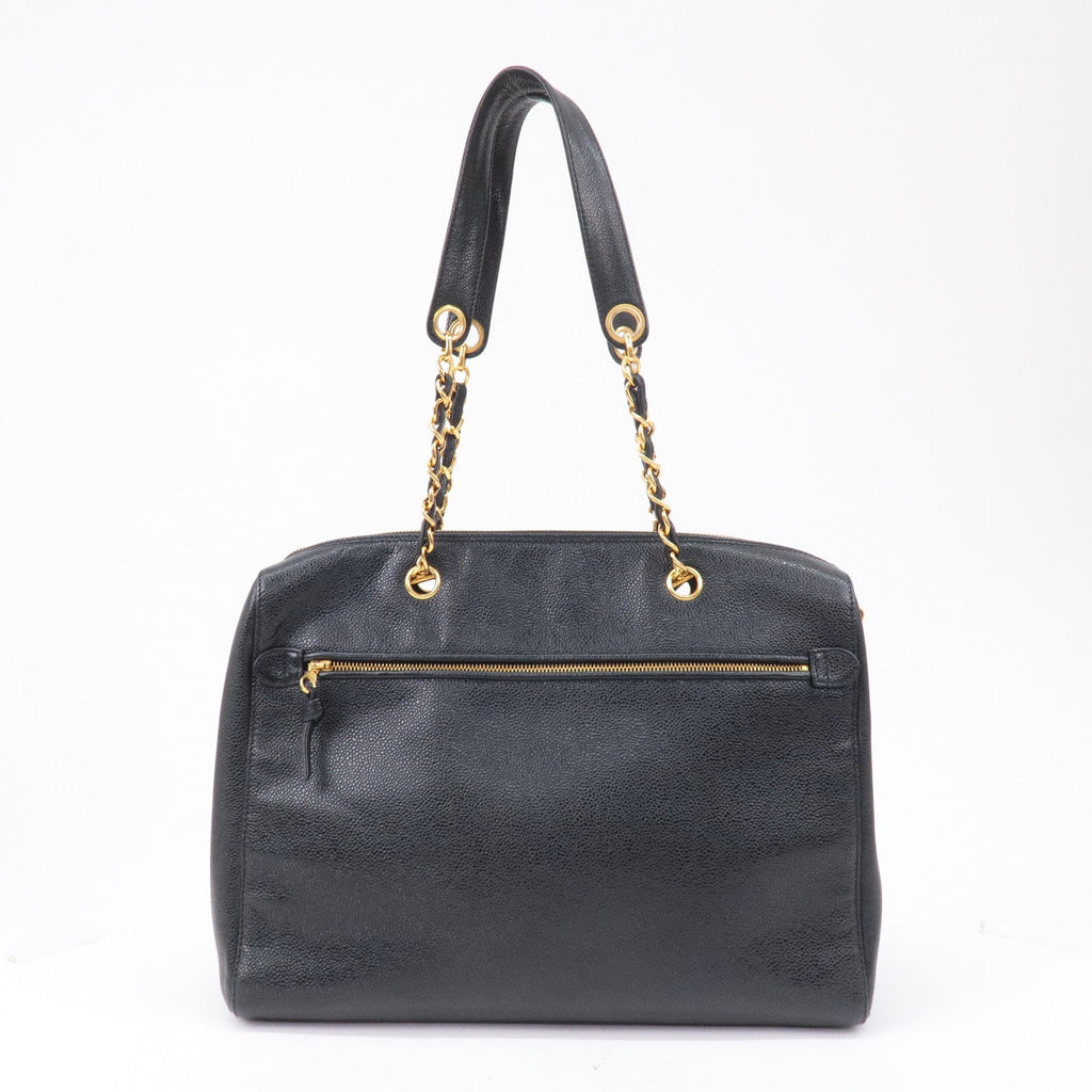 CHANEL Caviar Skin Chain Tote Bag Shoulder Bag Gold Black