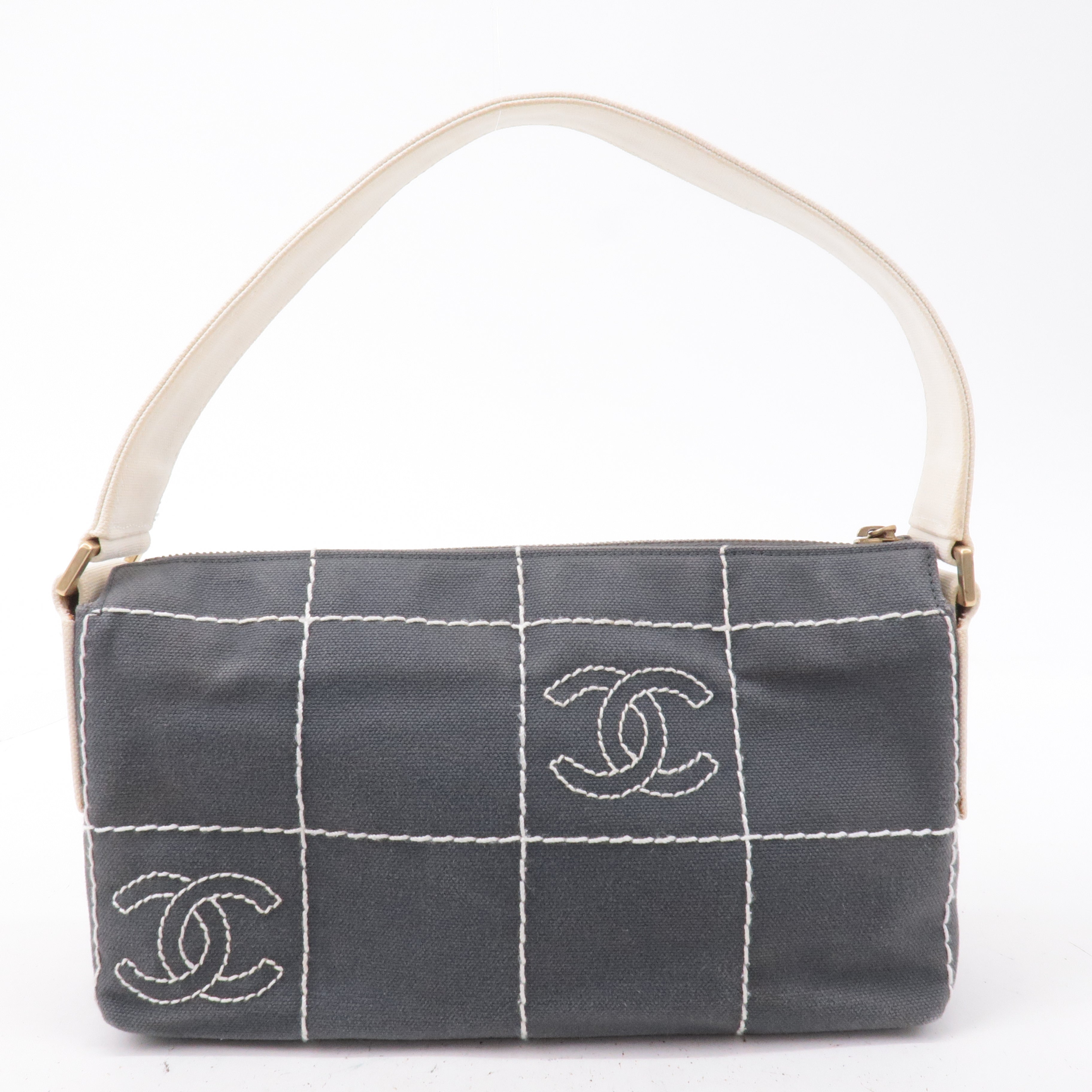 CHANEL Chocolate Bar Wild Stitch Canvas Hand Bag Gray