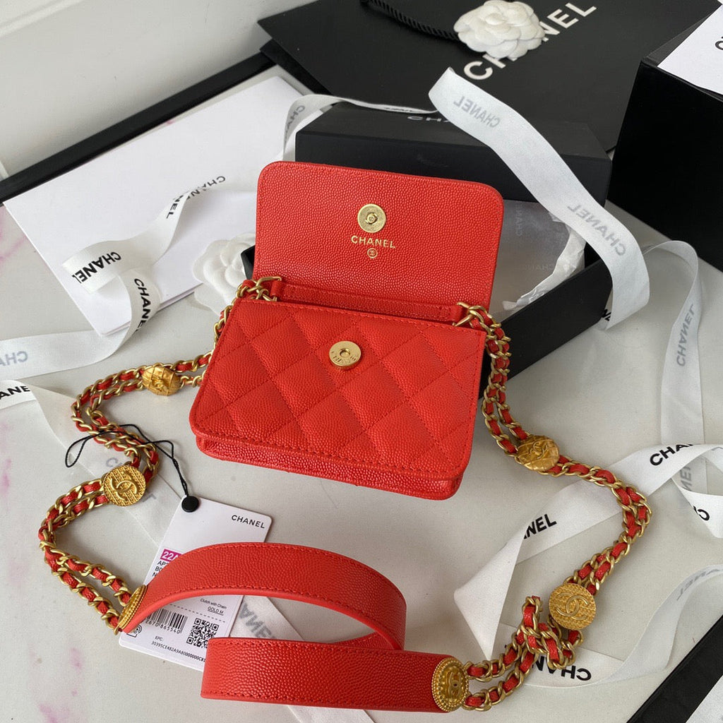 CHL Clutch With Chain Gold Hardware Grained Shinny Red For Women, Women’s Handbags, Shoulder Bags 4.7in/12cm AP2857