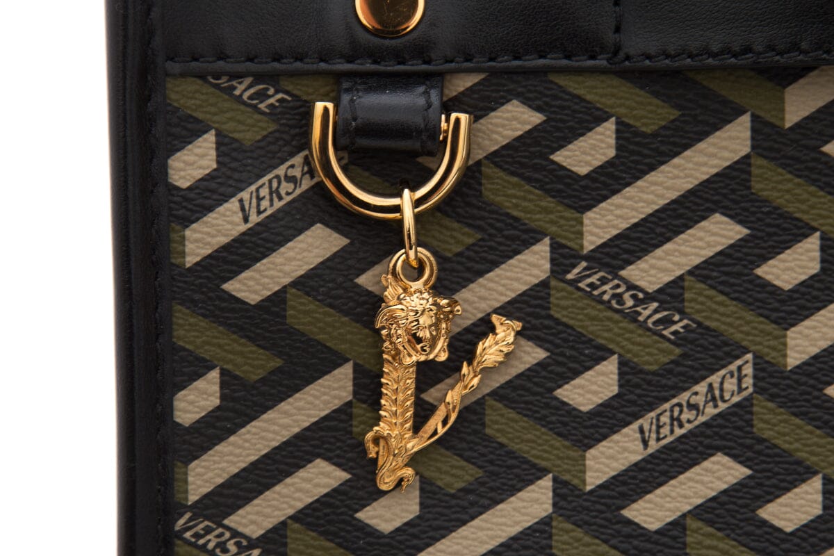 Versace Green Top Handle La Greca Print Tote