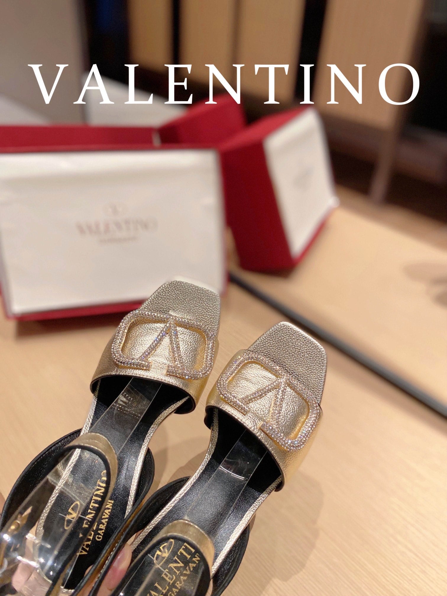 Valentino Garavani Strap Heeled Sandals With V Logo Crystal EmbellisGLAMIent Gold For Women