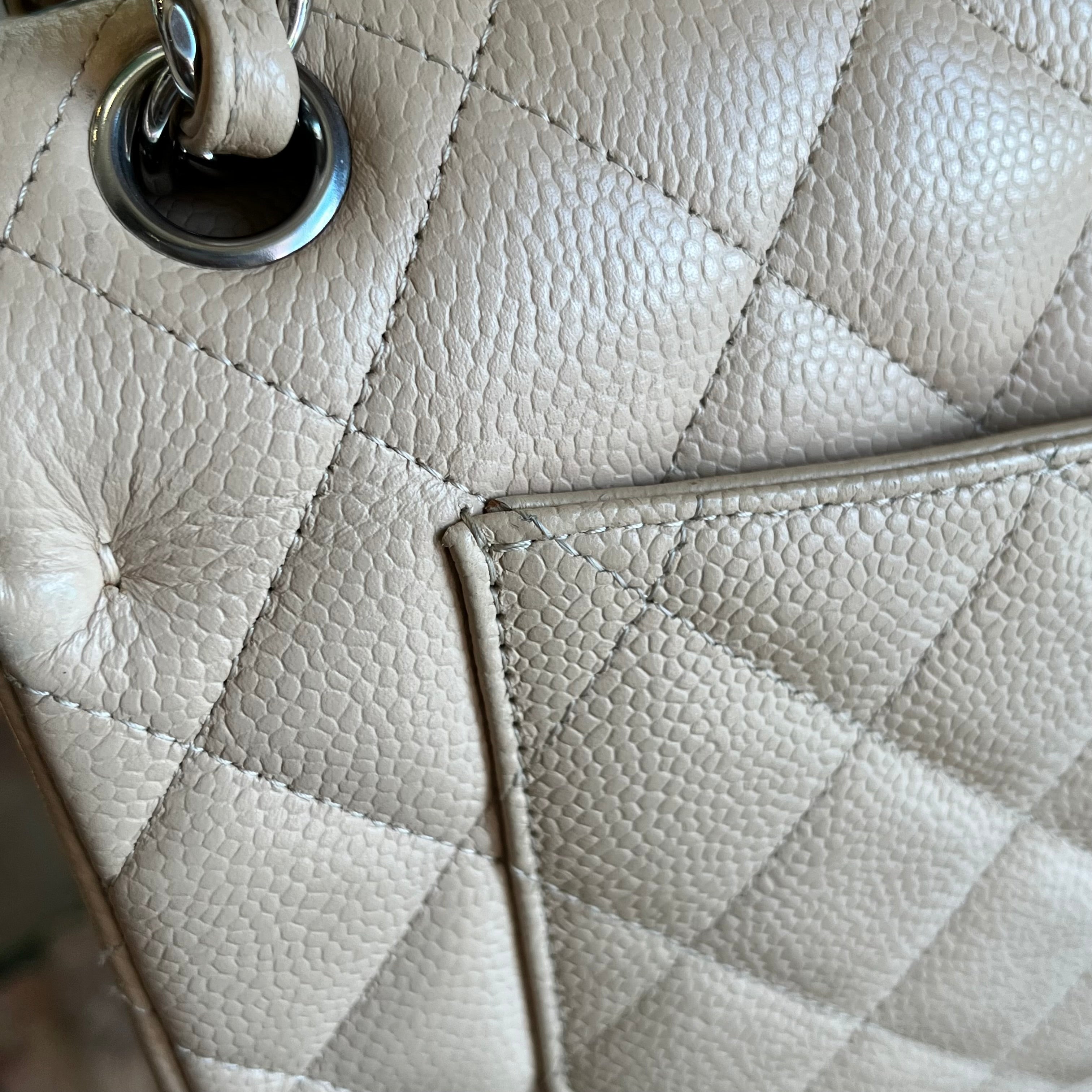CHANEL Classic Double Flap Jumbo Beige Quilted Caviar Leather Shoulder Bag