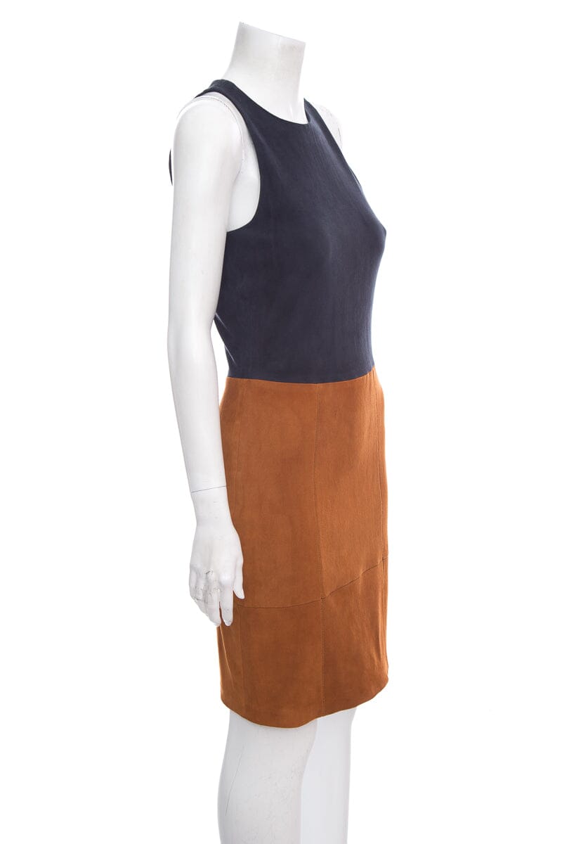 L'agence Sleeveless Navy & Brown Suede Dress SZ 6 NWT