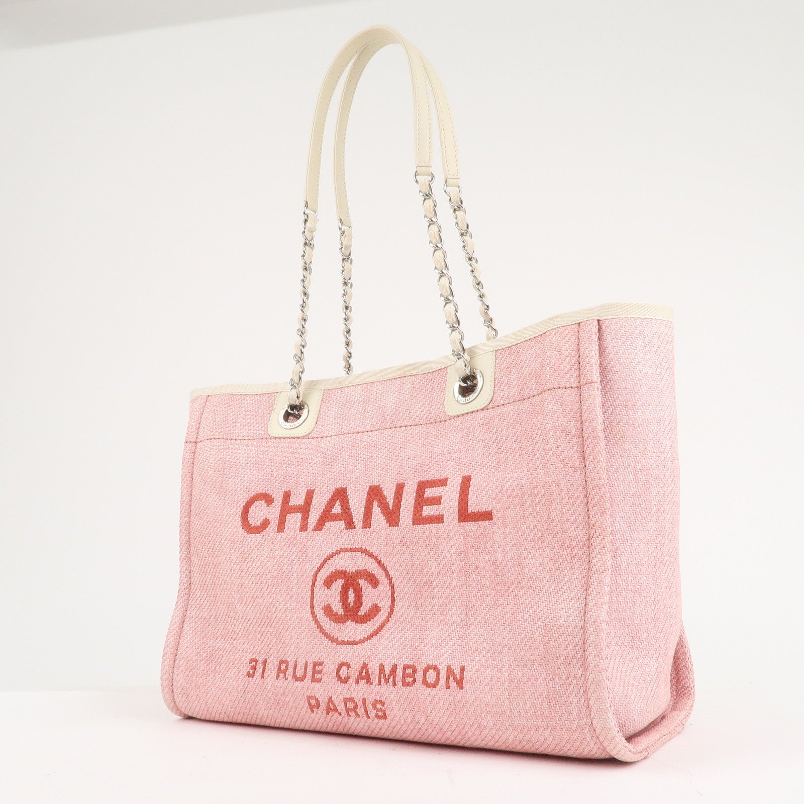 CHANEL Deauville MM Straw Leather Chain Tote Bag Pink A67001