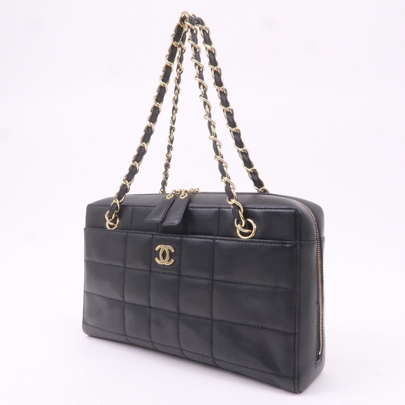 CHANEL Chocolate Bar Lamb Skin Chain Shoulder Bag Black