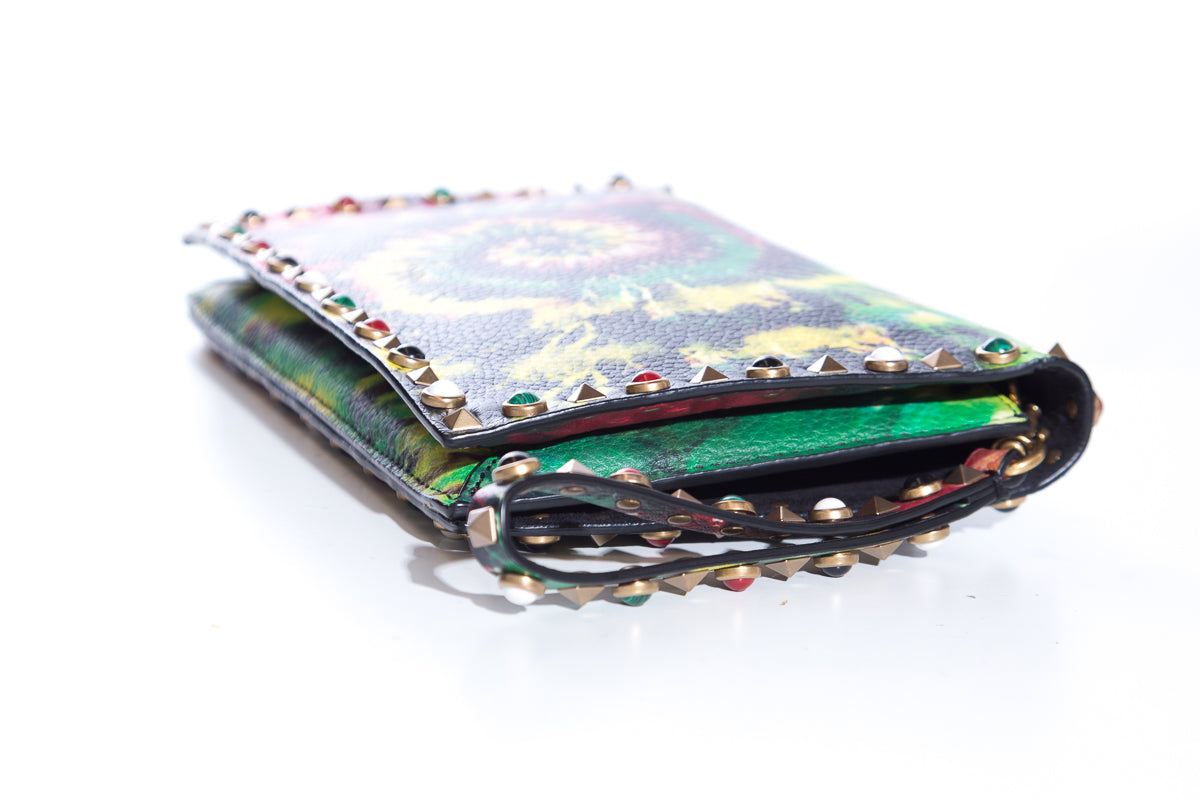 Valentino Pebbled Calfskin Tie-Dye Rockstud Rolling Wristlet Clutch