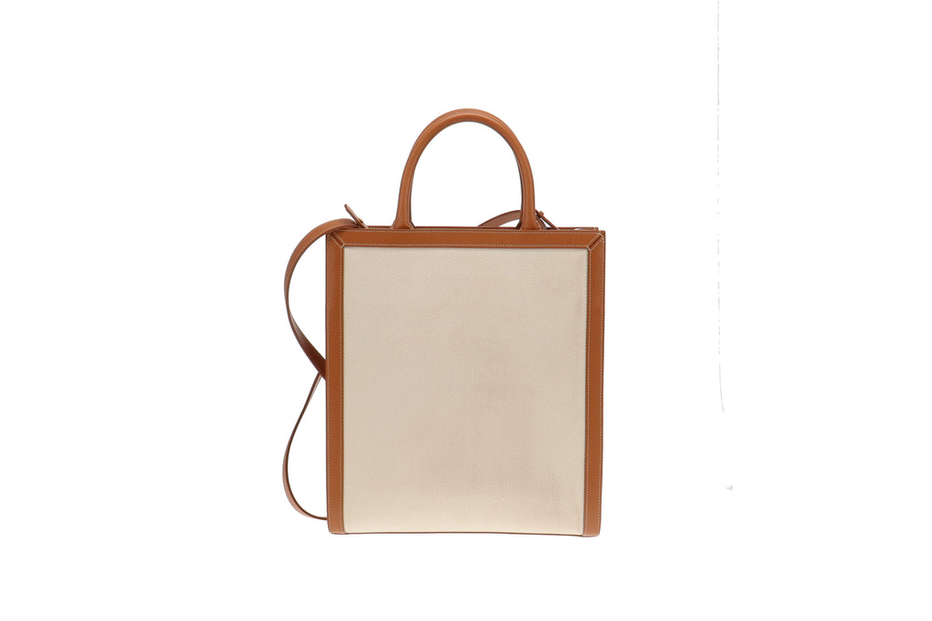 Celine Canvas and Tan Leather Vertical Cabas Tote With Strap