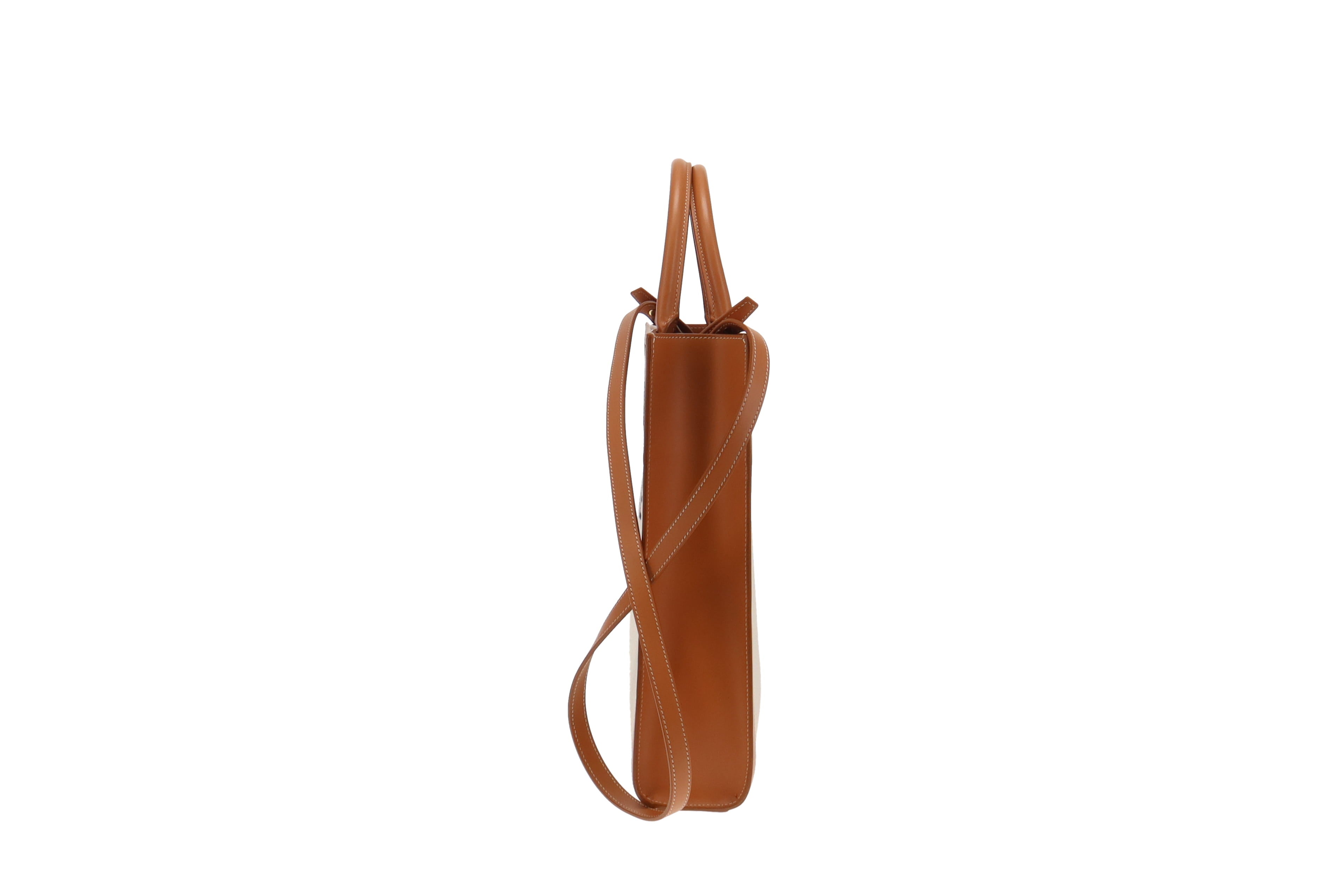 Celine Canvas and Tan Leather Vertical Cabas Tote With Strap
