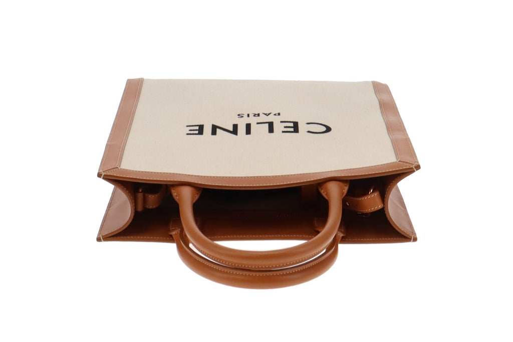 Celine Canvas and Tan Leather Vertical Cabas Tote With Strap