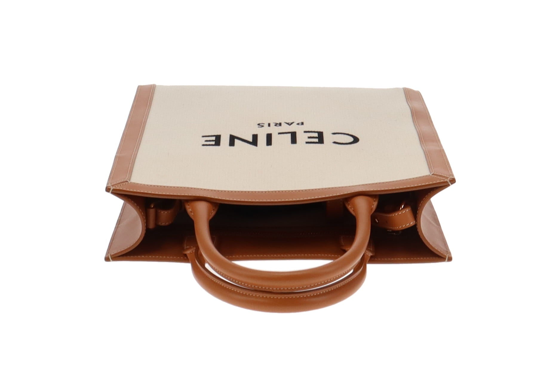 Celine Canvas and Tan Leather Vertical Cabas Tote With Strap