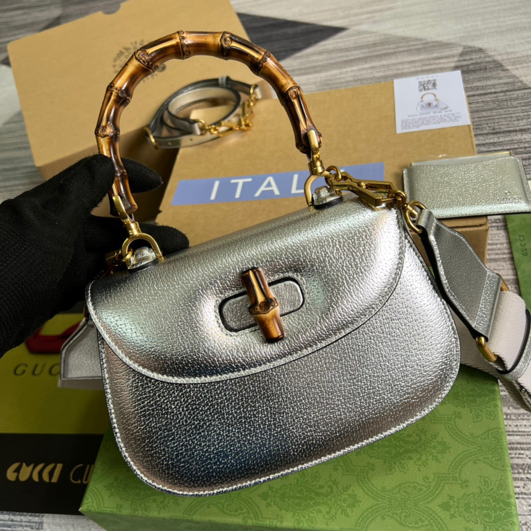 gg Bamboo 1947 Medium Top Handle Bag Silver For Women, Women’s Bags 10.2in/26cm gg