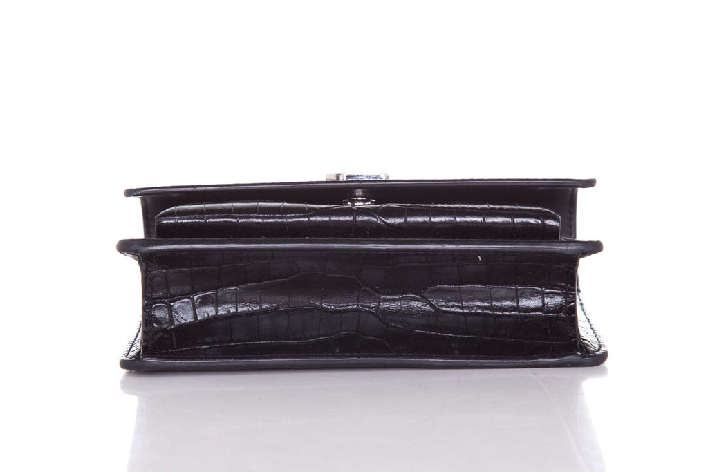 Saint Laurent SUNSET Black Embossed Croc Cross-Body W/ Silvertone Hardware