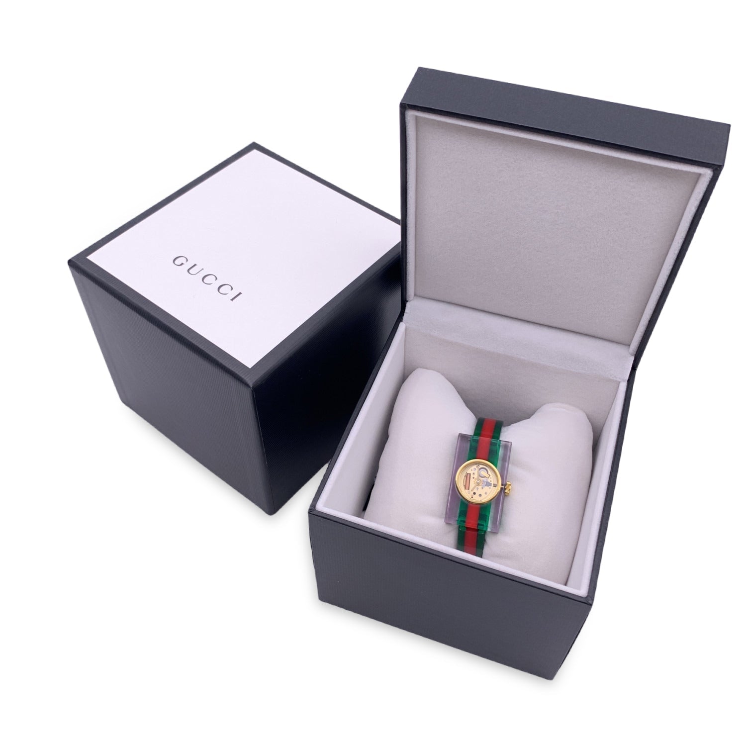 GUCCI Red Green Striped Plexi Web Watch 143.5 Skeleton Dial