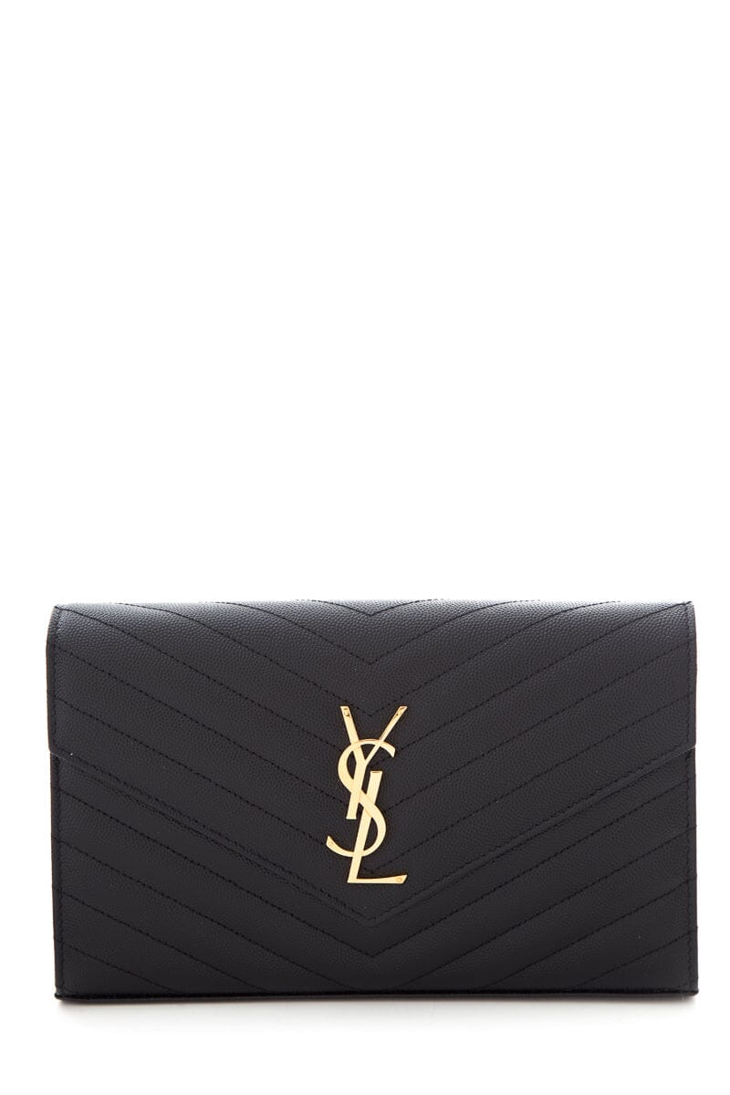 YSL Cassandre Matelasse Chain Wallet in Grain De Poudre Black Embossed Leather