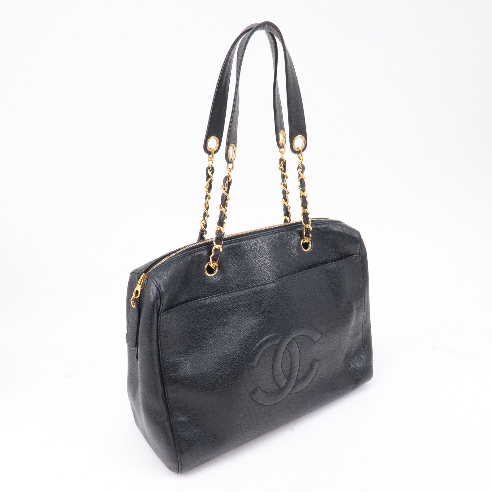 CHANEL Caviar Skin Chain Tote Bag Shoulder Bag Gold Black