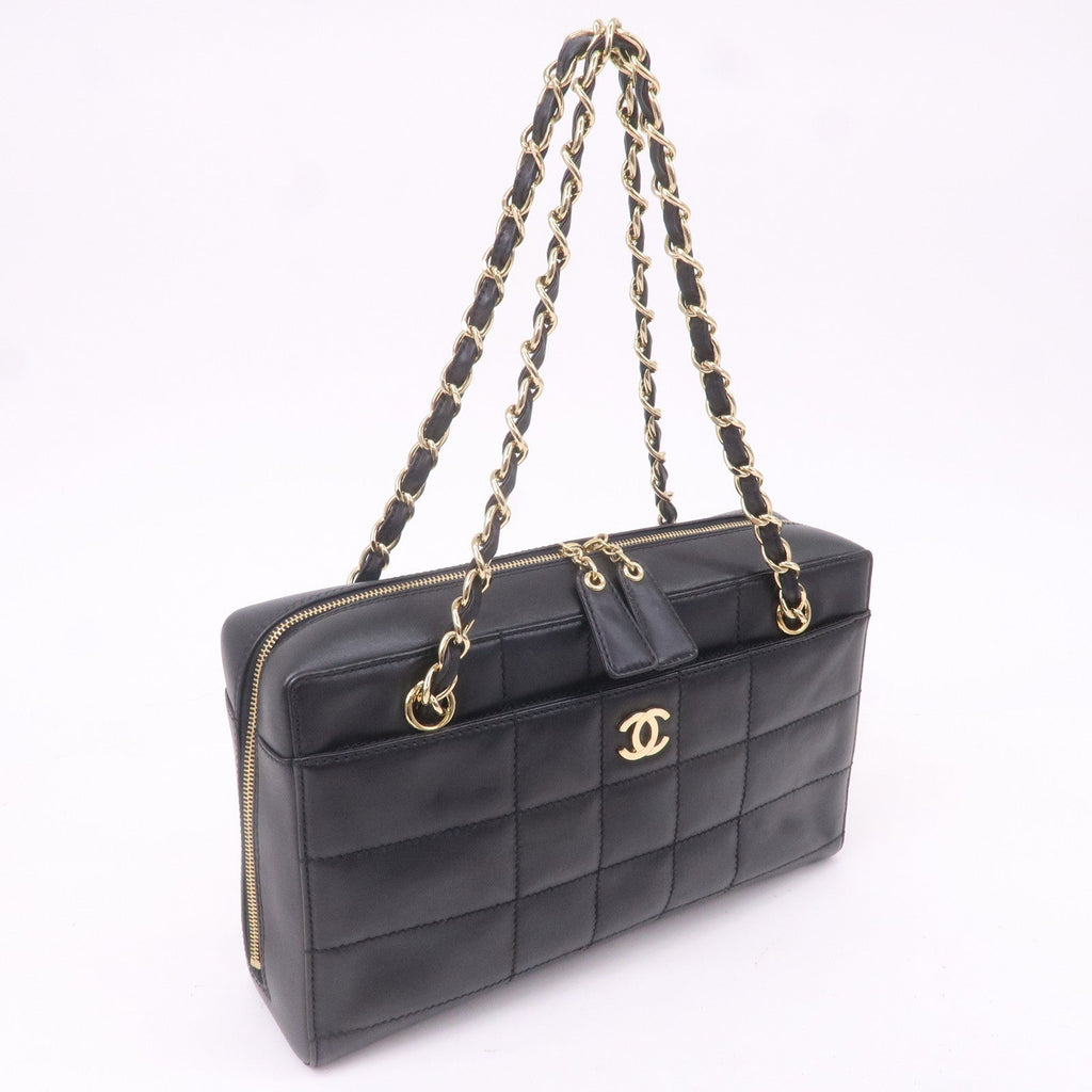 CHANEL Chocolate Bar Lamb Skin Chain Shoulder Bag Black