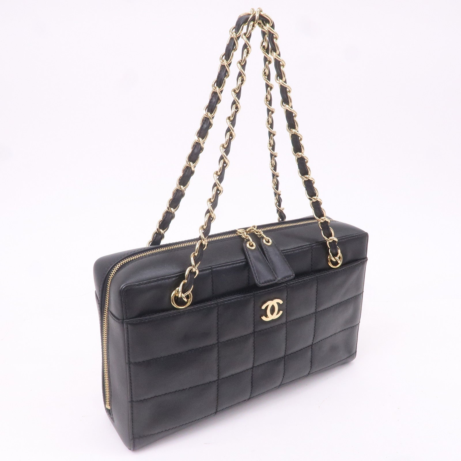 CHANEL Chocolate Bar Lamb Skin Chain Shoulder Bag Black