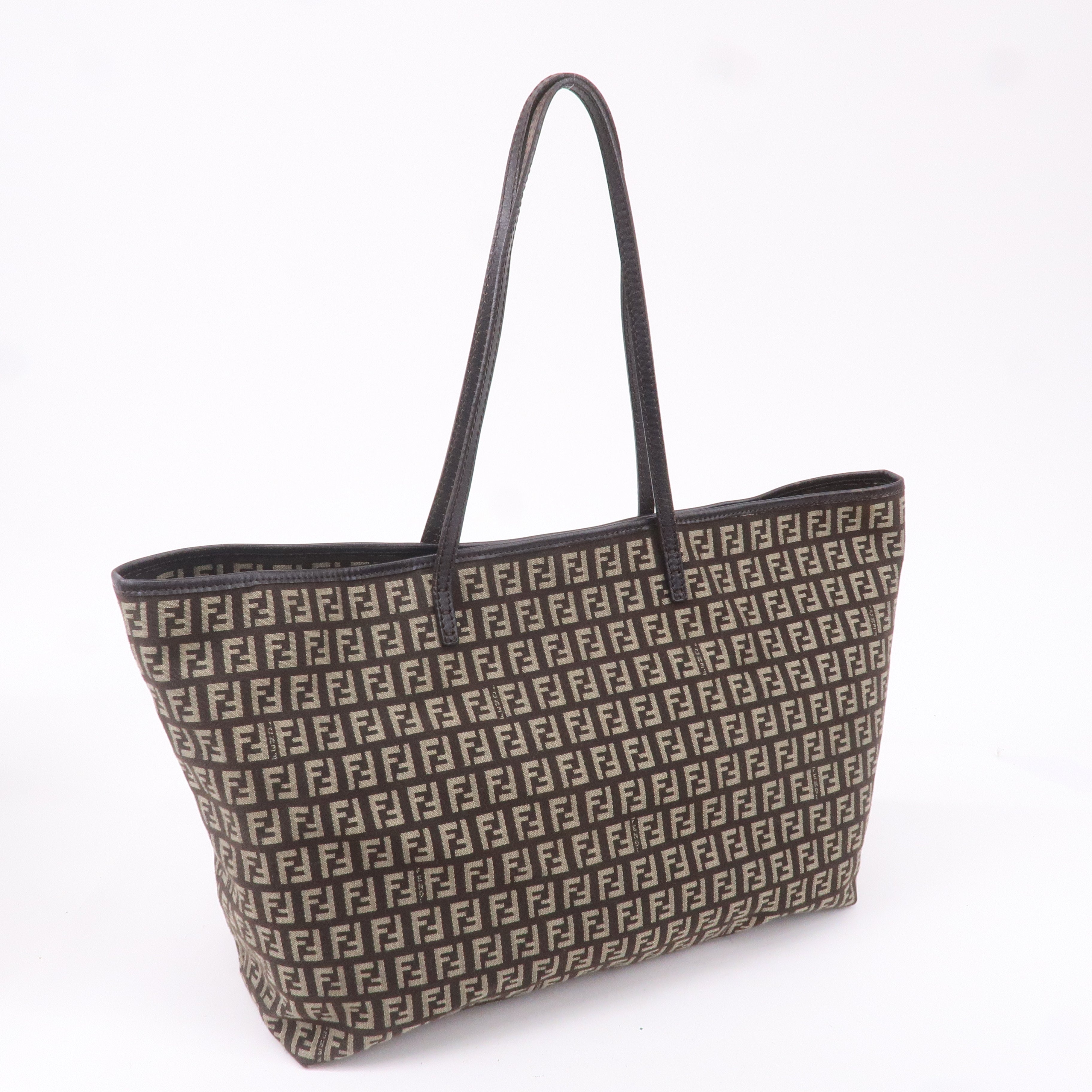 FENDI Zucchino Canvas Leather Tote Bag Beige Brown 8BH104