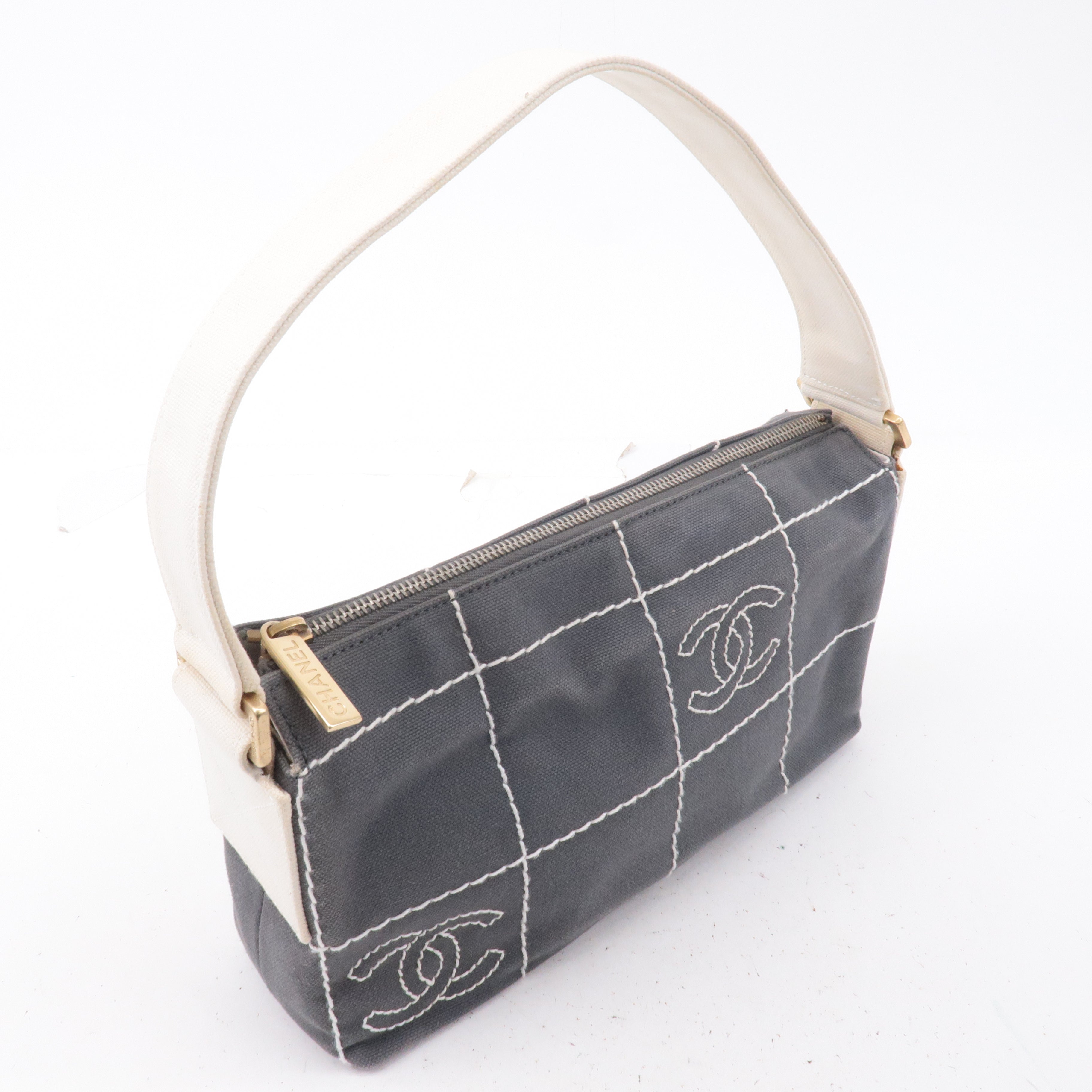 CHANEL Chocolate Bar Wild Stitch Canvas Hand Bag Gray