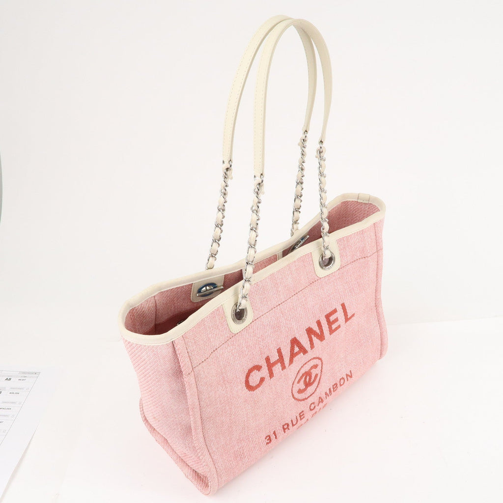 CHANEL Deauville MM Straw Leather Chain Tote Bag Pink A67001