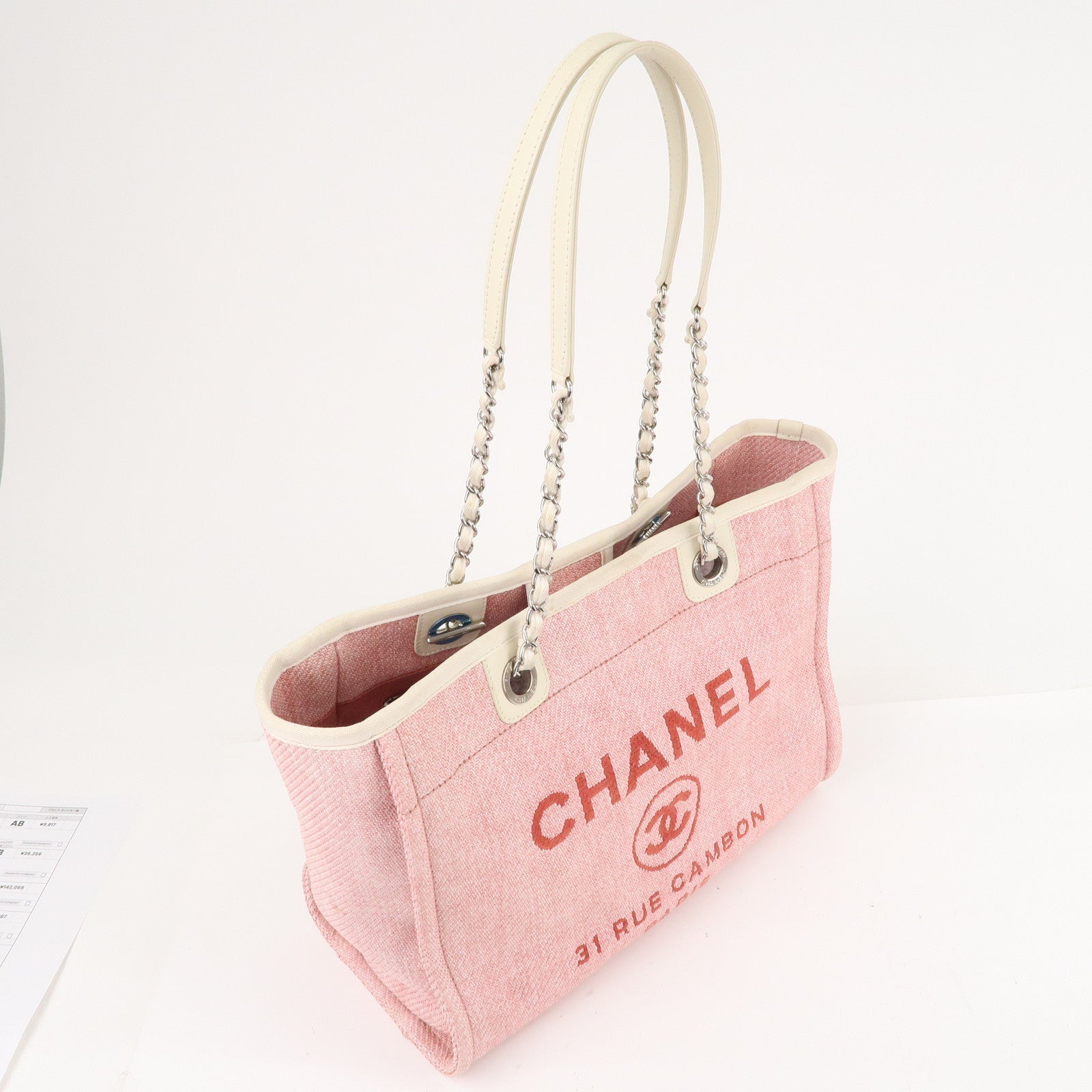 CHANEL Deauville MM Straw Leather Chain Tote Bag Pink A67001