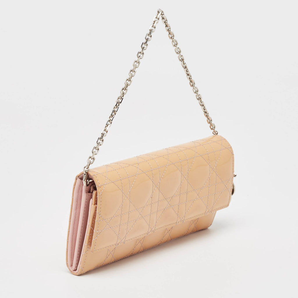 Dior Light Pink Cannage Patent Leather Lady Dior Wallet On Chain