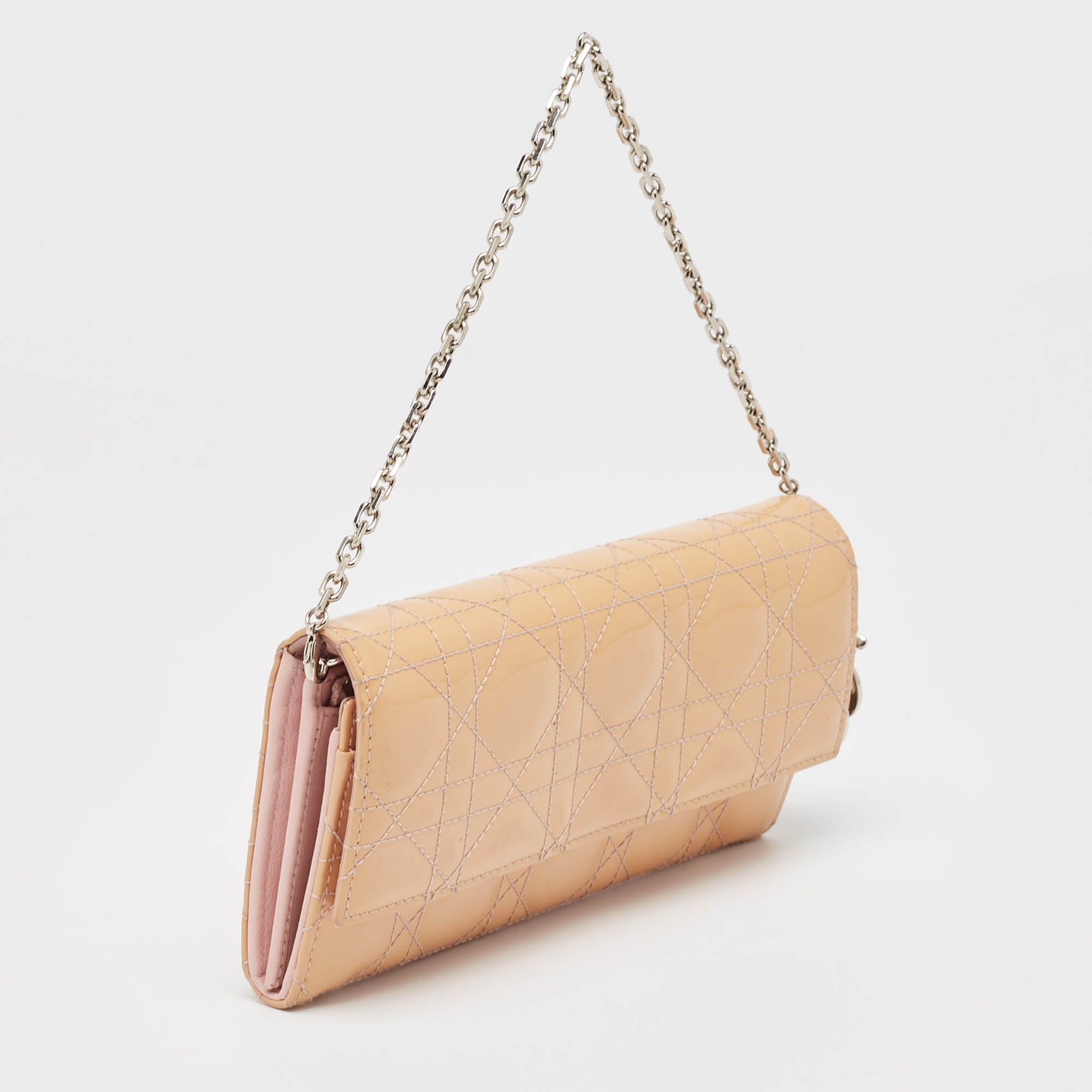 Dior Light Pink Cannage Patent Leather Lady Dior Wallet On Chain