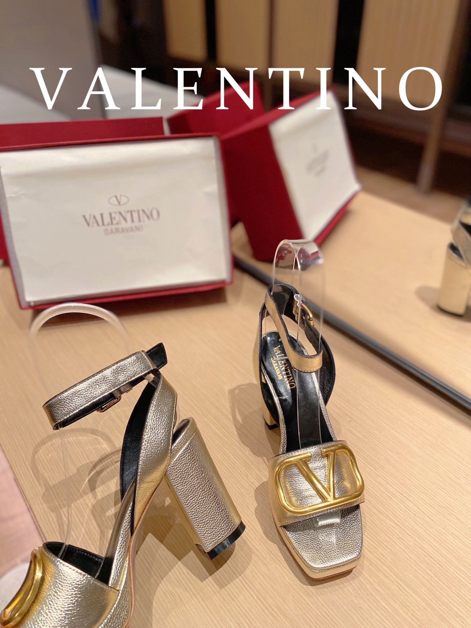 Valentino Garavani Strap Heeled Sandals With V Logo Signature EmbellisGLAMIent Gold For Women