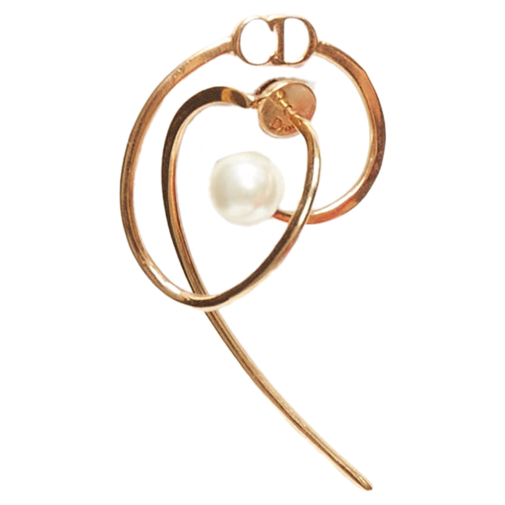 Dior Tribales Gold Metal CD Logo Faux Pearl Swirl Pin Earrings