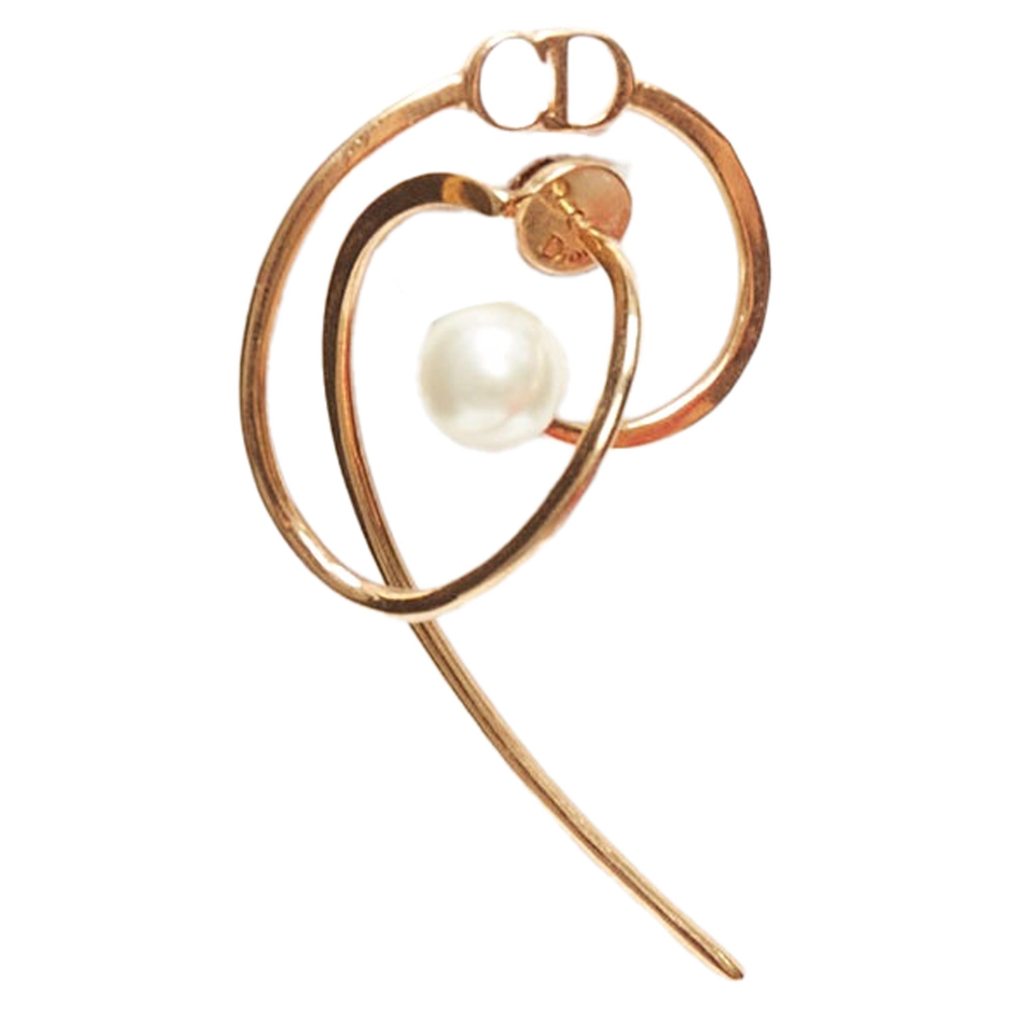 Dior Tribales Gold Metal CD Logo Faux Pearl Swirl Pin Earrings