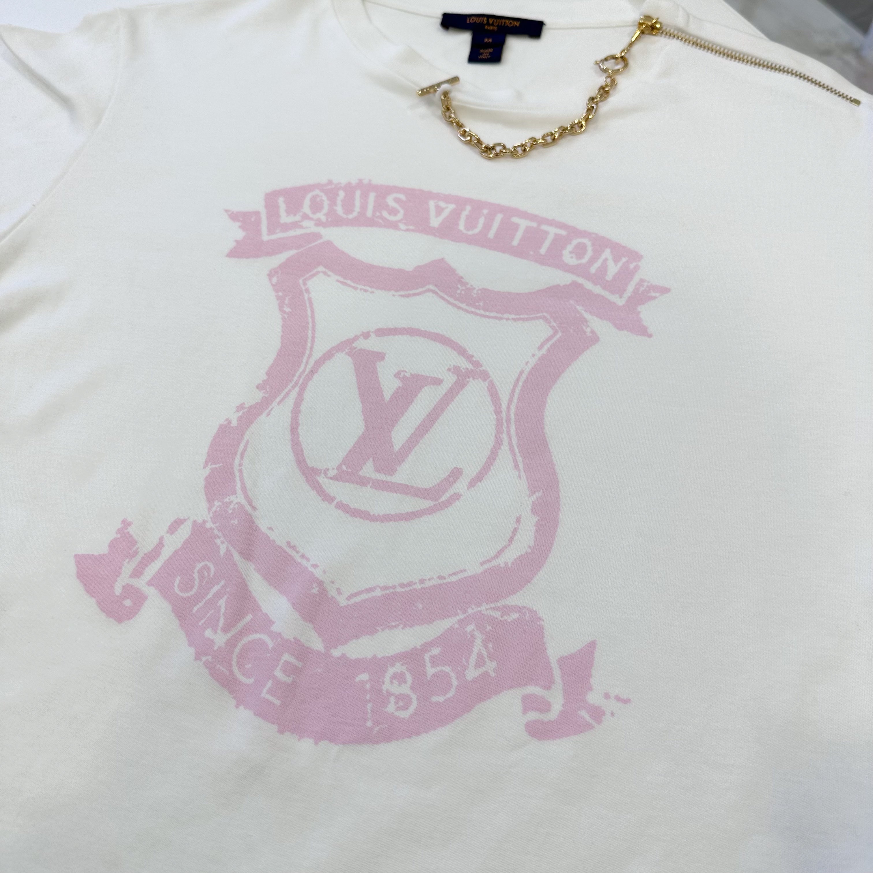LV White T-shirt with Pink Logo and Chain Detail