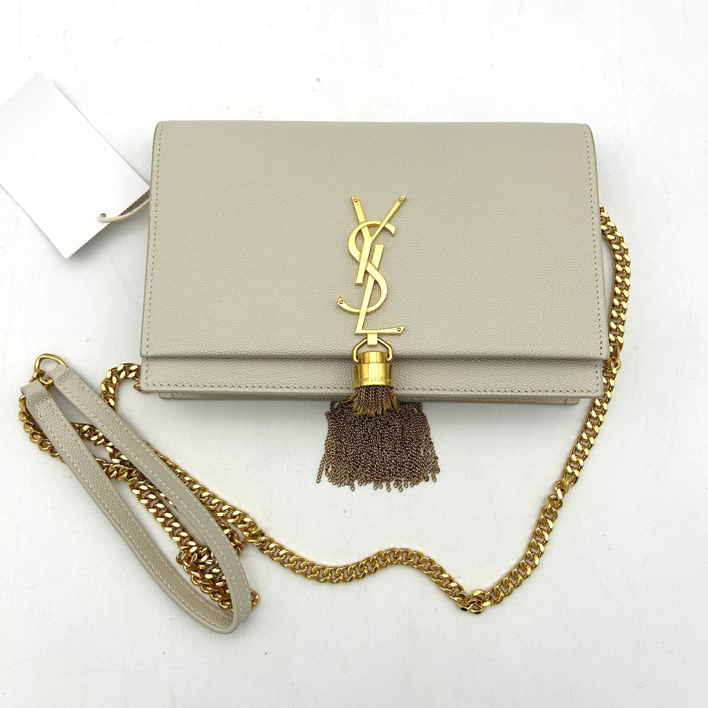 Pre-owned SAINT LAURENT Grain De Poudre Small Classic Monogram Kate Tassel Satchel Crema Soft WD255108