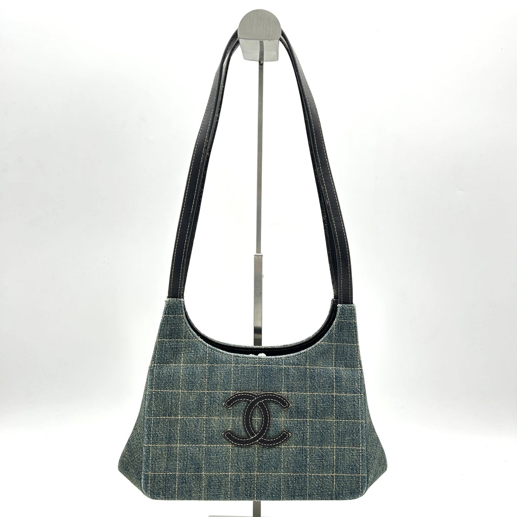 Pre-owned Chanel Denim Leather Shoulder Bag Green Medium LA18337