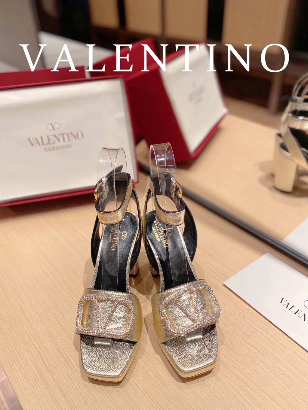 Valentino Garavani Strap Heeled Sandals With V Logo Crystal EmbellisGLAMIent Gold For Women