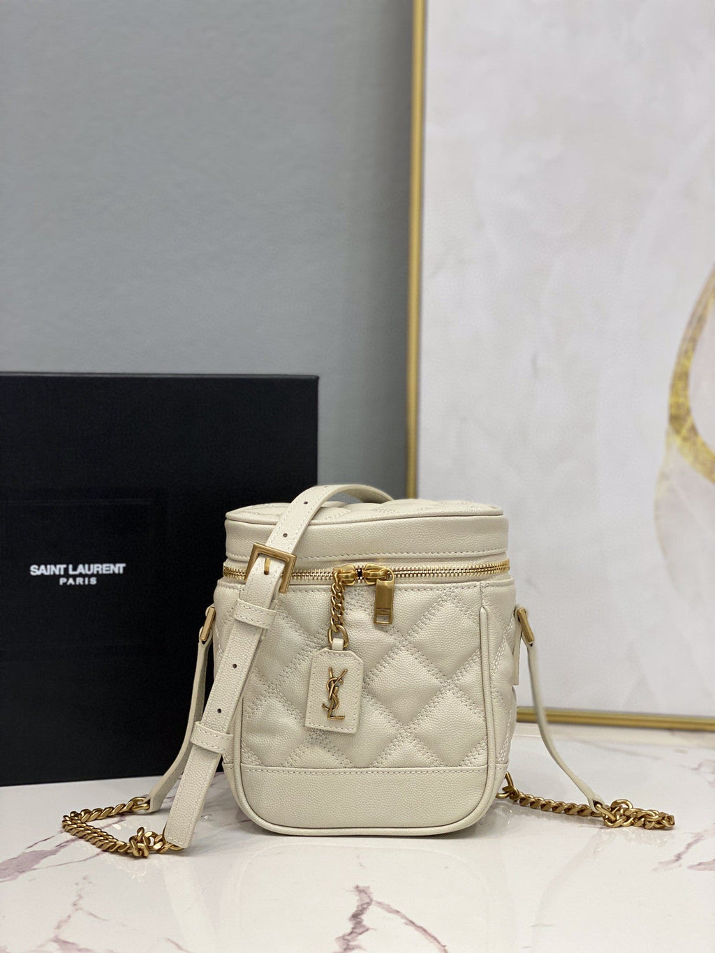 YSSL 80’s Vanity Bag In Carré-Quilted Grain De Poudre White For Women 6.4in/16.5cm YSL 649779DME279207