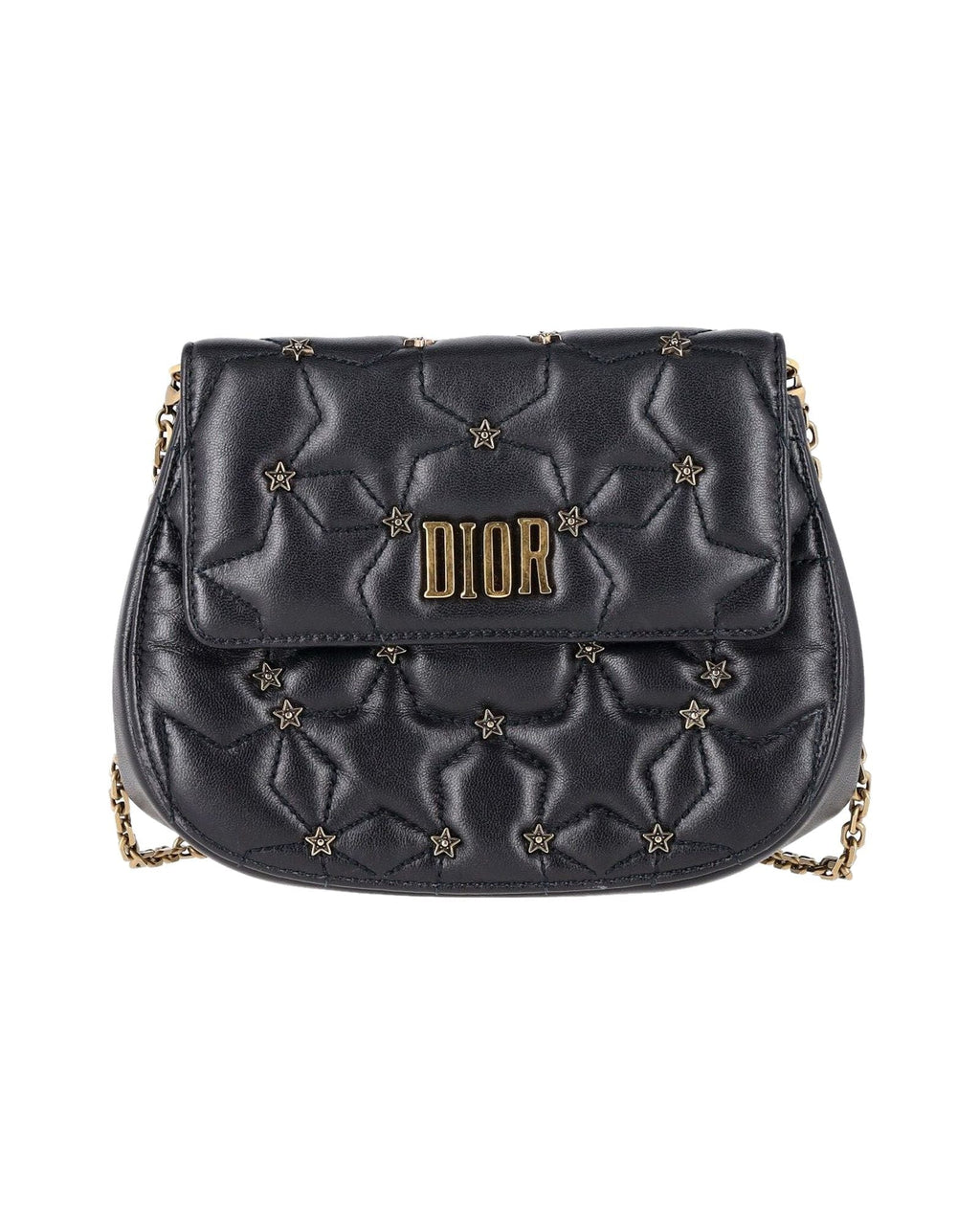 Dior Studded D-Fence Round Clutch with Chain in Black Leather